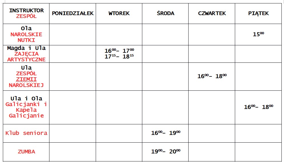 Grafik zajęć organizowanych w GOK Narol od marca 2022